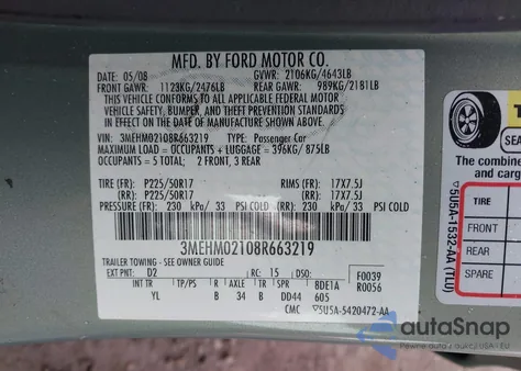 2008 Mercury Milan V6 Premier z USA, uszkodzony, nr VIN 3MEHM02108R663219